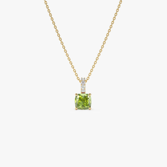 14k Solid Gold Peridot and Diamond Cushion Cut Pendant Necklace 1.02 Carat
