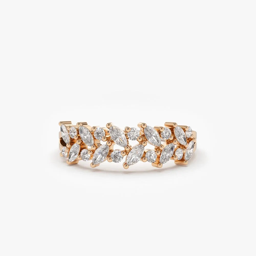 14K Gold Marquise and Round Diamond Two Row Ring