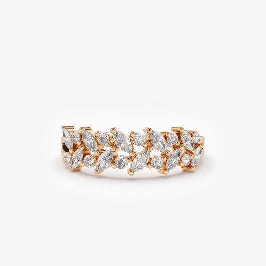14K Gold Marquise and Round Diamond Two Row Ring