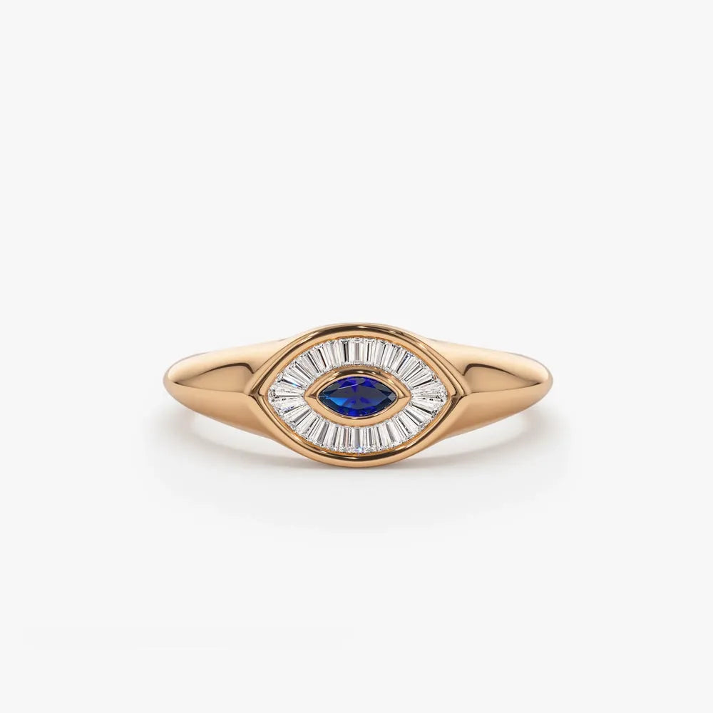 14k Gold Sapphire and Diamond Marquise and Baguette Cut Ring 0.38 ctw