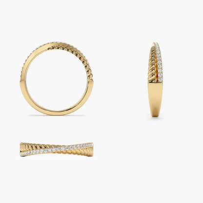 14k Gold 0.20 Carat Round Diamond Micro Pave Twisted Rope Criss Cross Ring