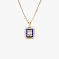 14k Solid Gold Sapphire and Diamond Round Baguette Halo Necklace 0.50 Carat