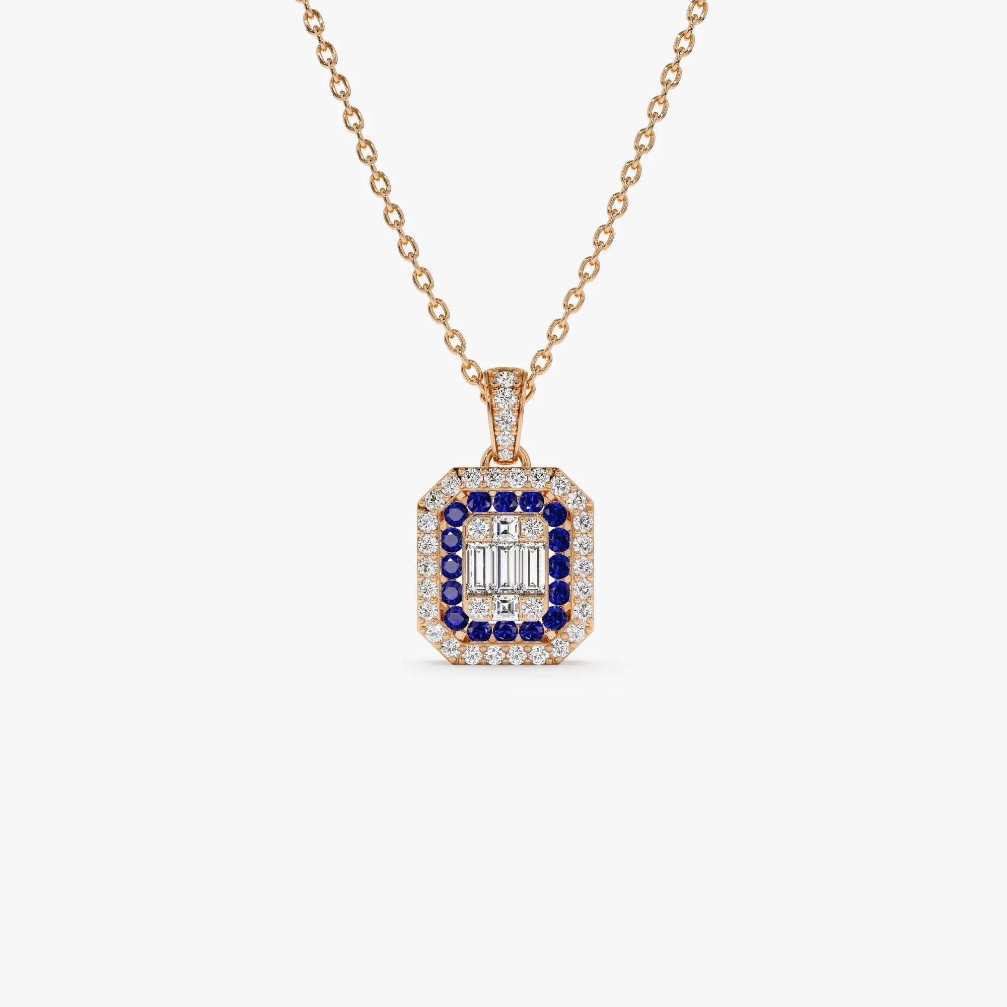 14k Solid Gold Sapphire and Diamond Round Baguette Halo Necklace 0.50 Carat