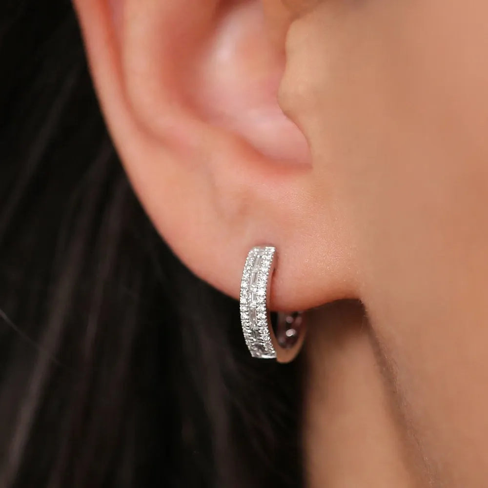 14k Gold Diamond Baguette and Round Cut Pave Hoop Earrings 0.50 ctw
