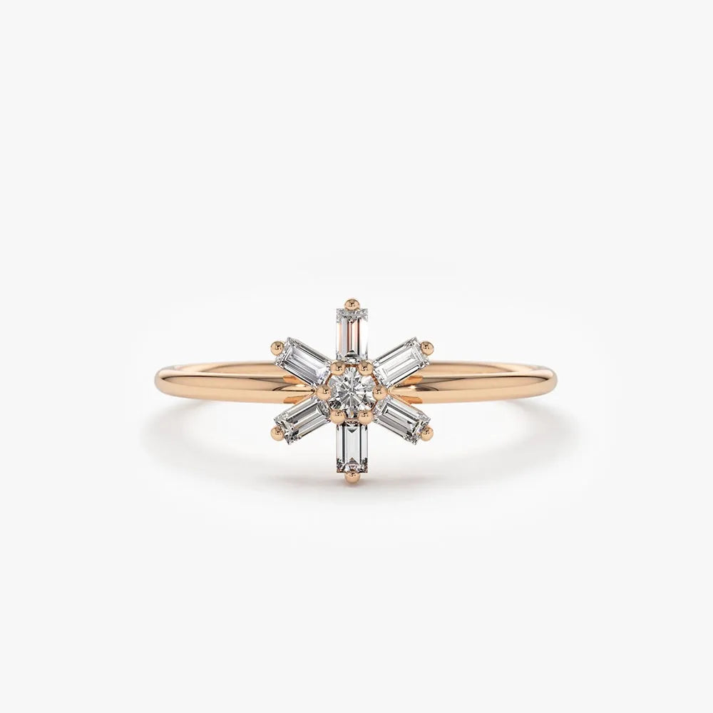 14K Gold Baguette and Round Diamond Flower Ring 0.28 CTW