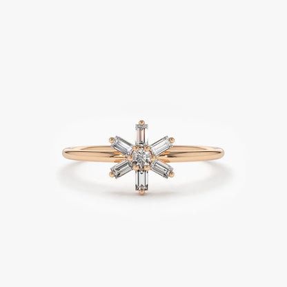 14K Gold Baguette and Round Diamond Flower Ring 0.28 CTW