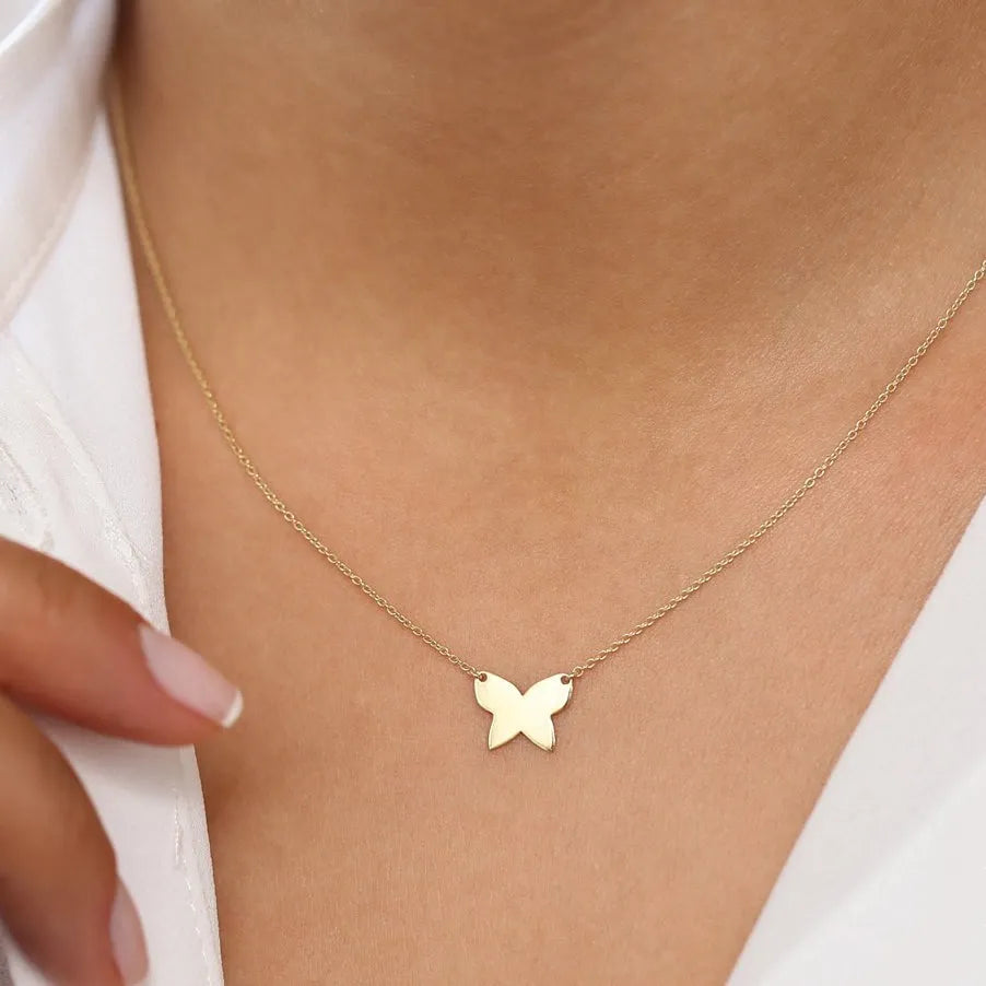14k Solid Gold Butterfly Charm Pendant Necklace