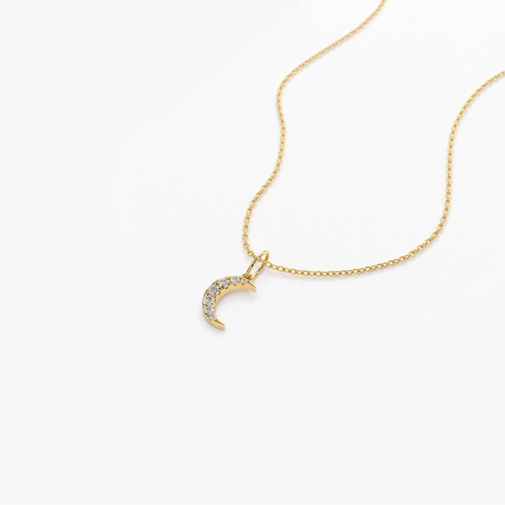 14k Solid Gold Round Diamond 0.15 CTW Crescent Moon Charm