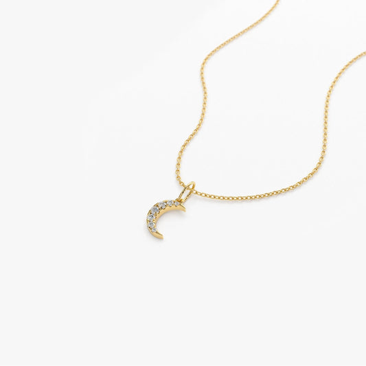 14k Solid Gold Round Diamond 0.15 CTW Crescent Moon Charm
