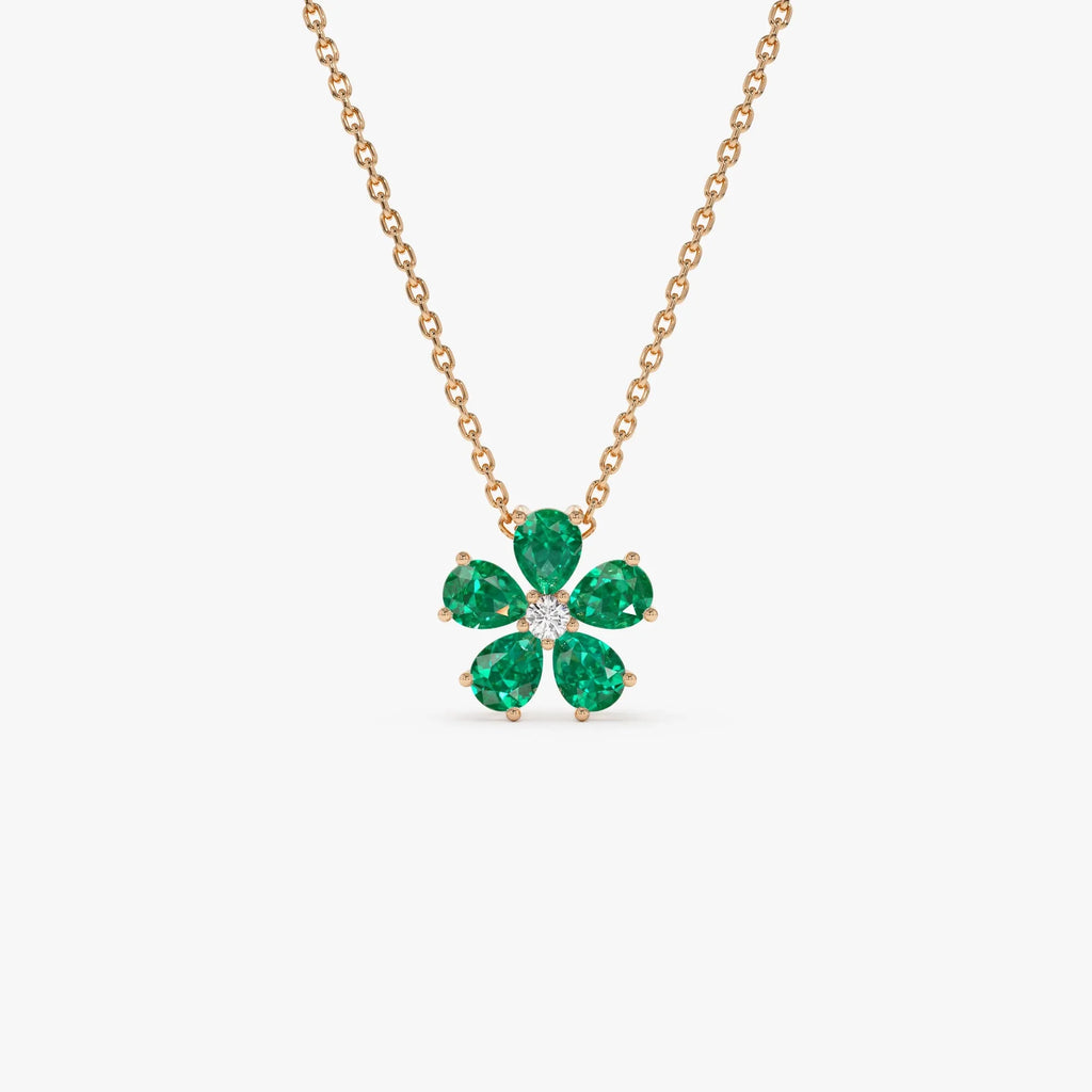 14k Solid Yellow Gold Pear Shape Emerald 0.65 CTW and Round Diamond 0.03 CTW Floral Flower Pendant Necklace