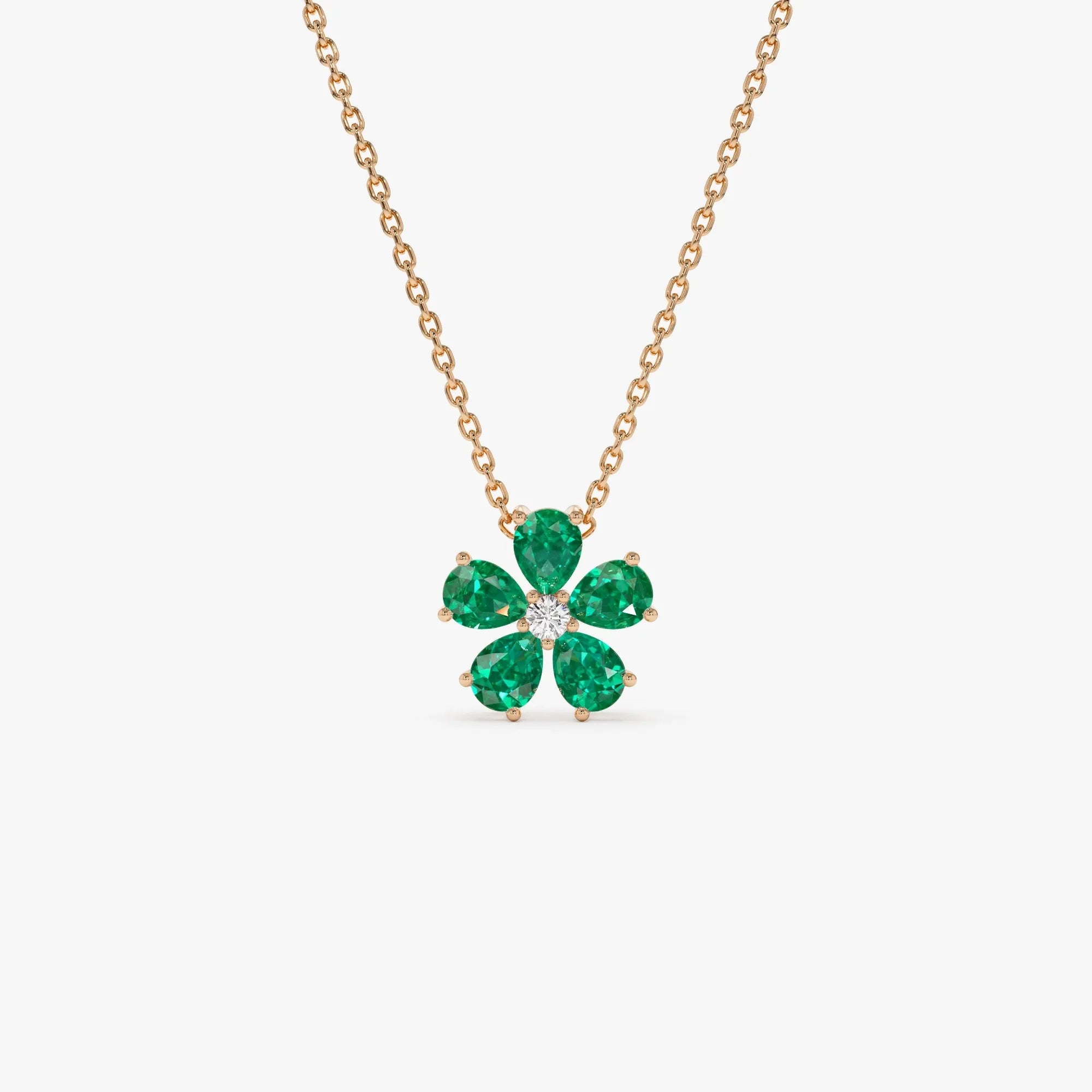 14k Solid Yellow Gold Pear Shape Emerald 0.65 CTW and Round Diamond 0.03 CTW Floral Flower Pendant Necklace