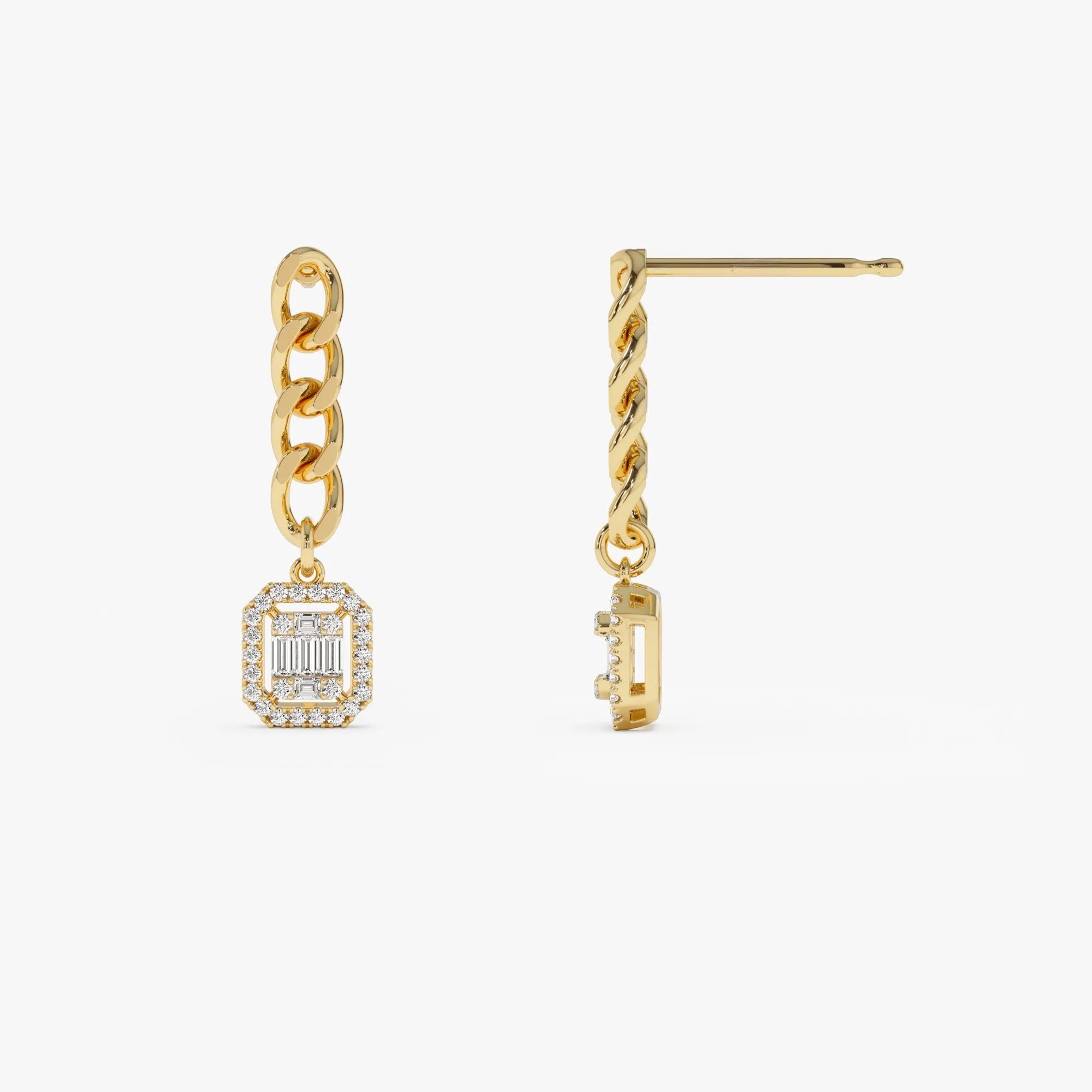 14k Gold Diamond Baguette and Round Cut Halo Chain Curb Link Earrings 0.38 ctw
