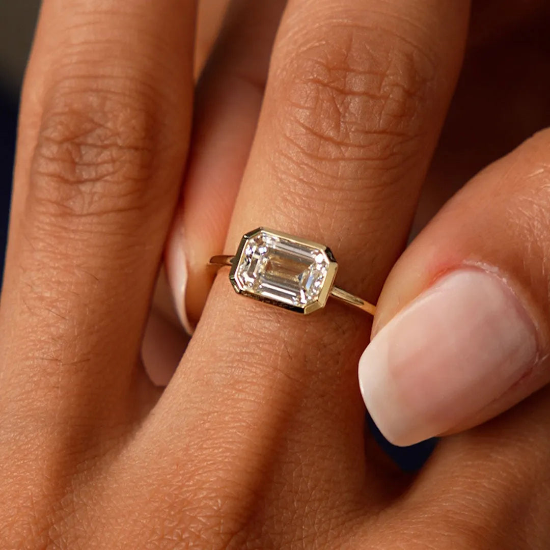 14K Gold 1.50 Carat Lab Grown Diamond Emerald Cut Engagement Ring East West Bezel Setting