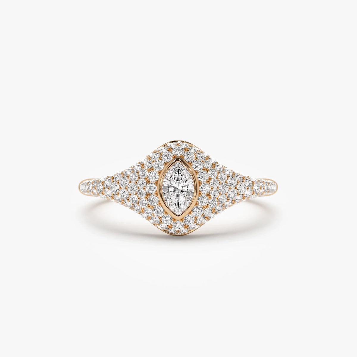 14k Solid Gold Marquise and Round Diamond 0.85 Carat Pave Setting Signet Ring