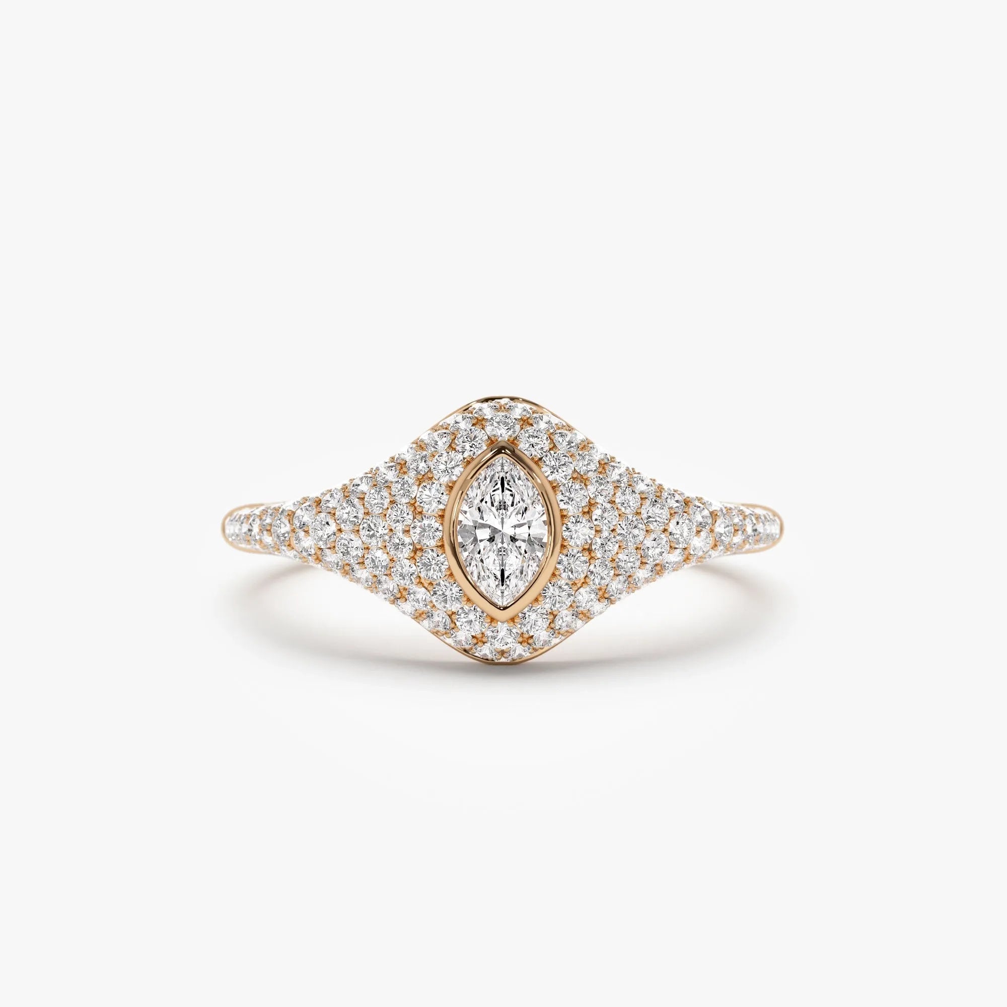 14k Solid Gold Marquise and Round Diamond 0.85 Carat Pave Setting Signet Ring