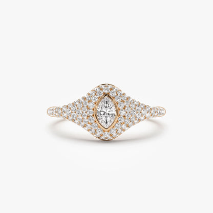 14k Solid Gold Marquise and Round Diamond 0.85 Carat Pave Setting Signet Ring