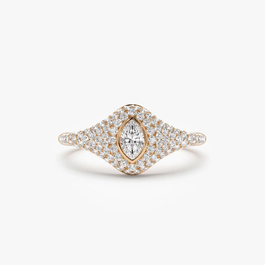 14k Solid Gold Marquise and Round Diamond 0.85 Carat Pave Setting Signet Ring