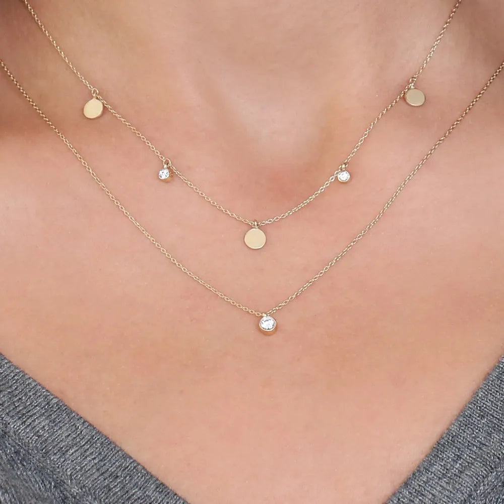 14K Solid Gold Round Diamond Bezel Set Dangling Disc Necklace 0.08ctw