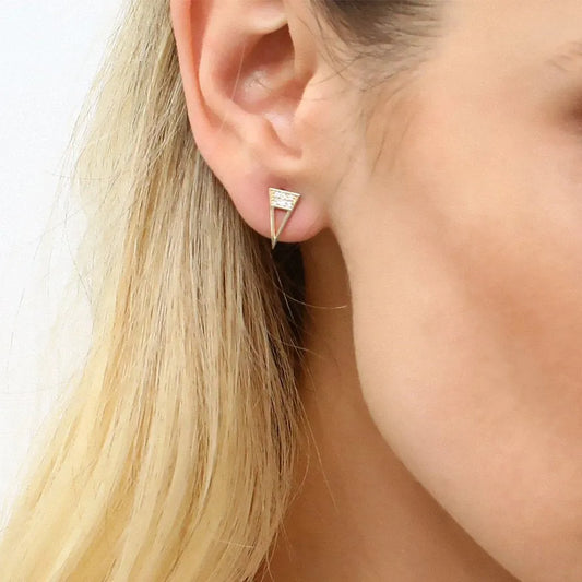 14k Gold Diamond Round Cut Elongated Triangle Stud Earrings Micro Pave 0.14 ctw