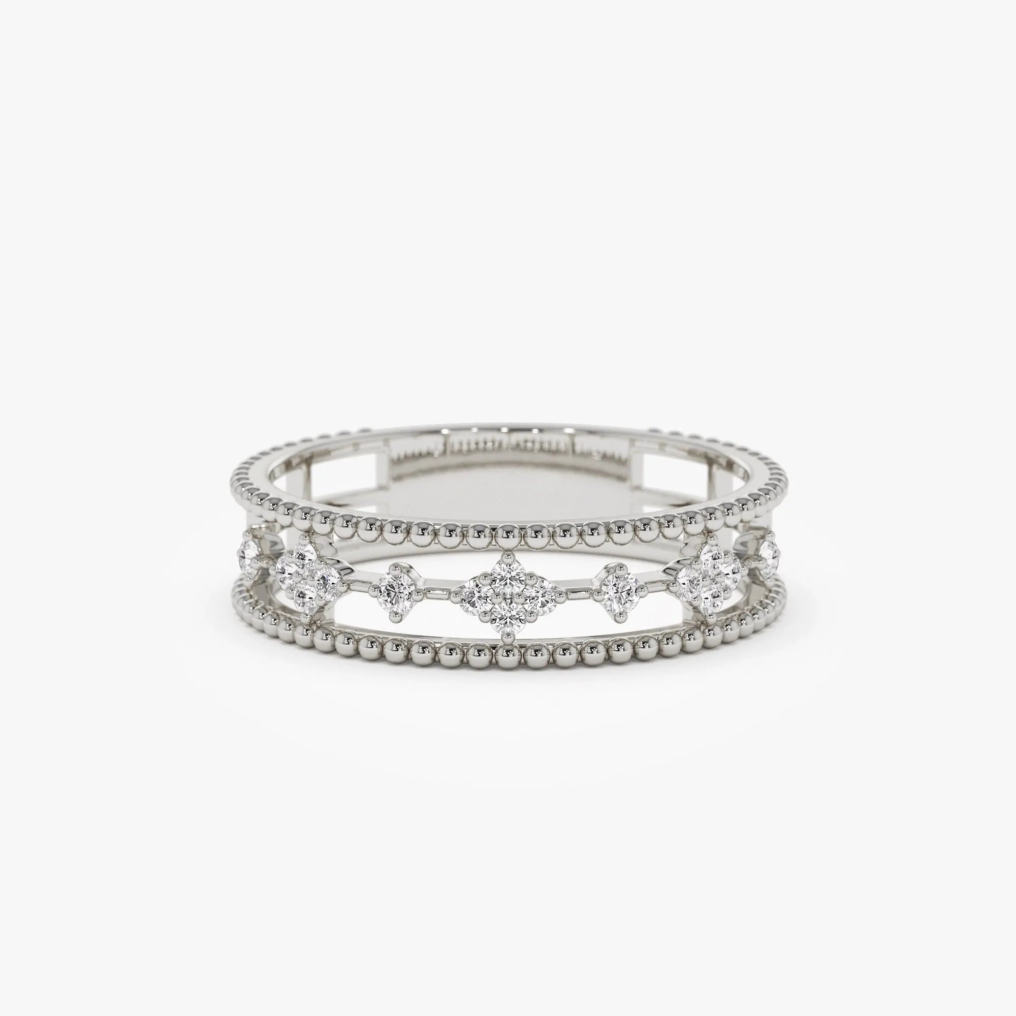 14K Solid Gold Round Diamond 0.15 Carat Beaded Band Statement Ring