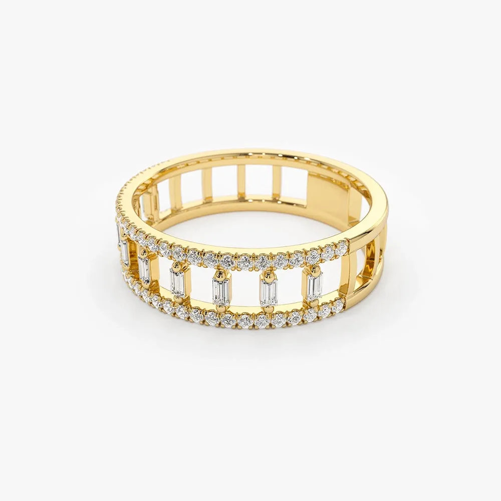14K Solid Gold 0.40 Carat Baguette and Round Cut Diamond Double Row Micro Pave Ring