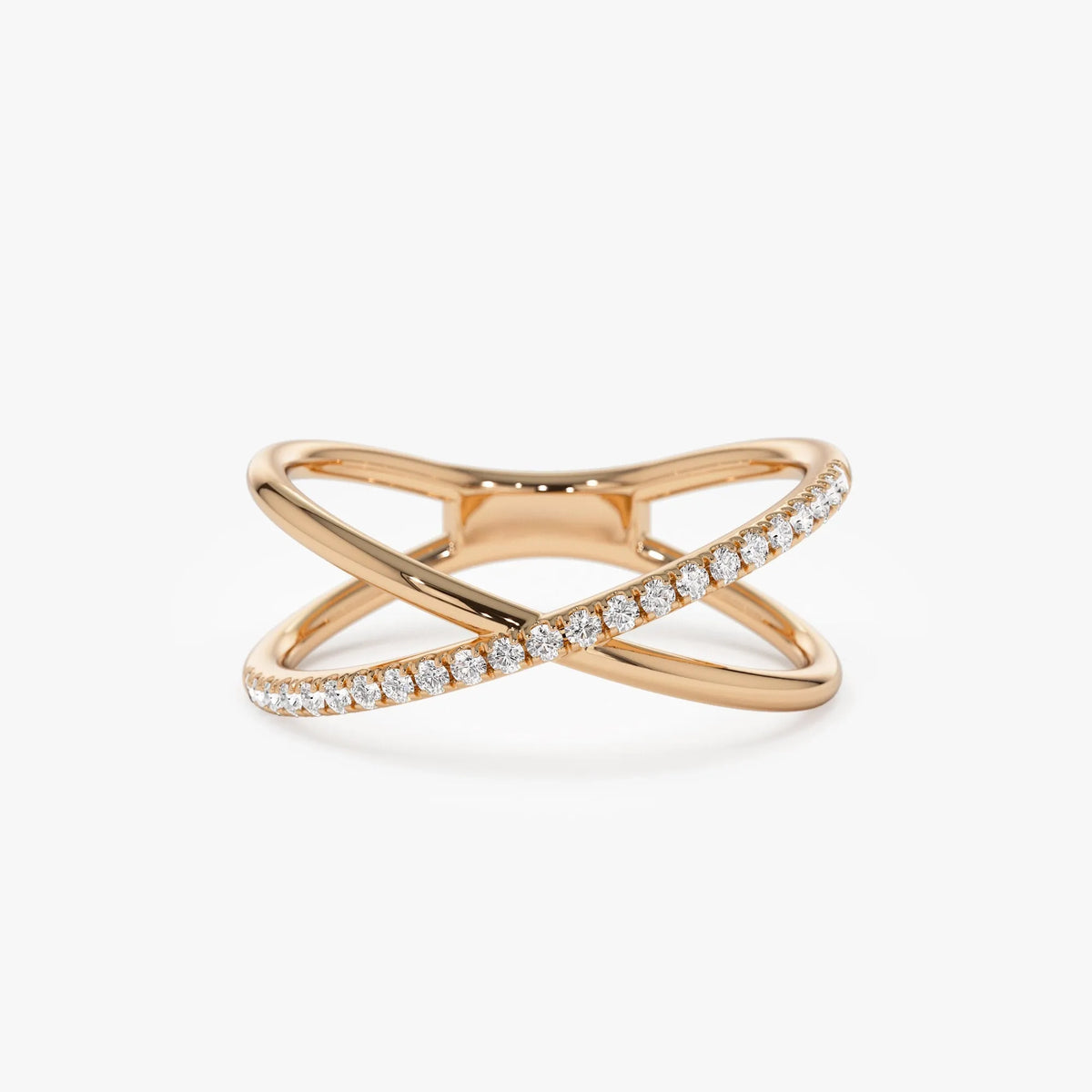 14K Solid Gold Round Diamond 0.12 Carat Criss Cross Single Side Ring