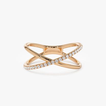14K Solid Gold Round Diamond 0.12 Carat Criss Cross Single Side Ring