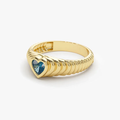14K Solid Gold Heart Shape Blue Topaz 0.45 Carat Dome Beveled Ring