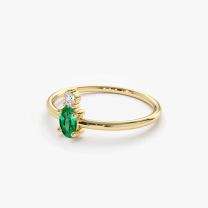 14K Gold Oval Emerald and Round Diamond Ring 0.19 CTW Prong Setting Handcrafted Jewelry