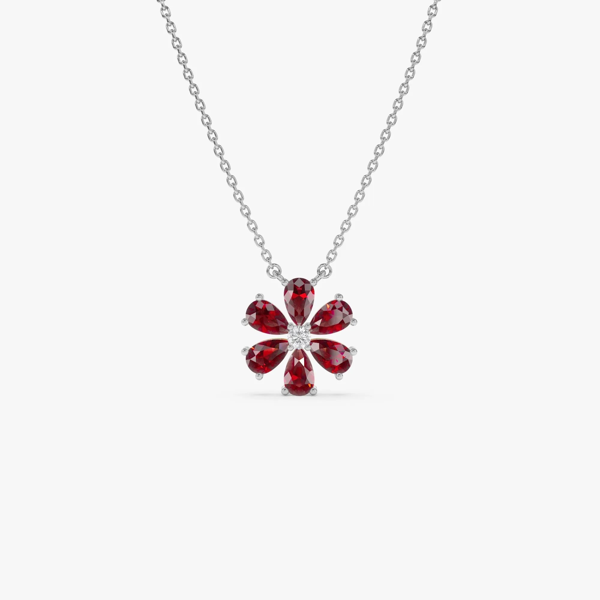 14k Solid Gold Garnet and Diamond Pear and Round Flower Necklace 1.80 Carat