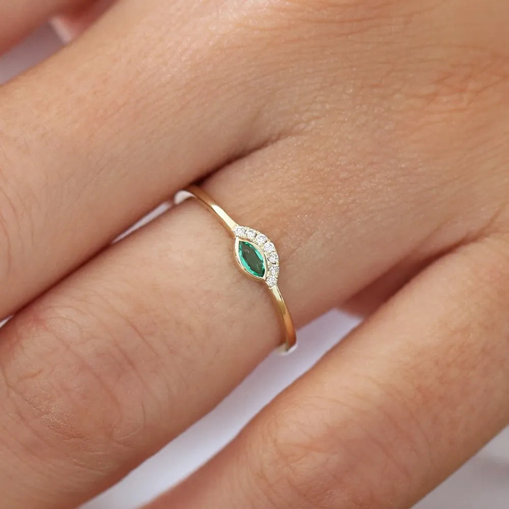 14K Solid Gold Horizontal Marquise Emerald and Round Diamond Eye Ring 0.12 CTW Micro Pave Bezel Set