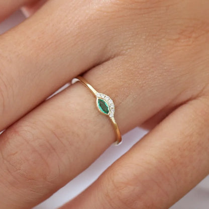 14K Solid Gold Horizontal Marquise Emerald and Round Diamond Eye Ring 0.12 CTW Micro Pave Bezel Set