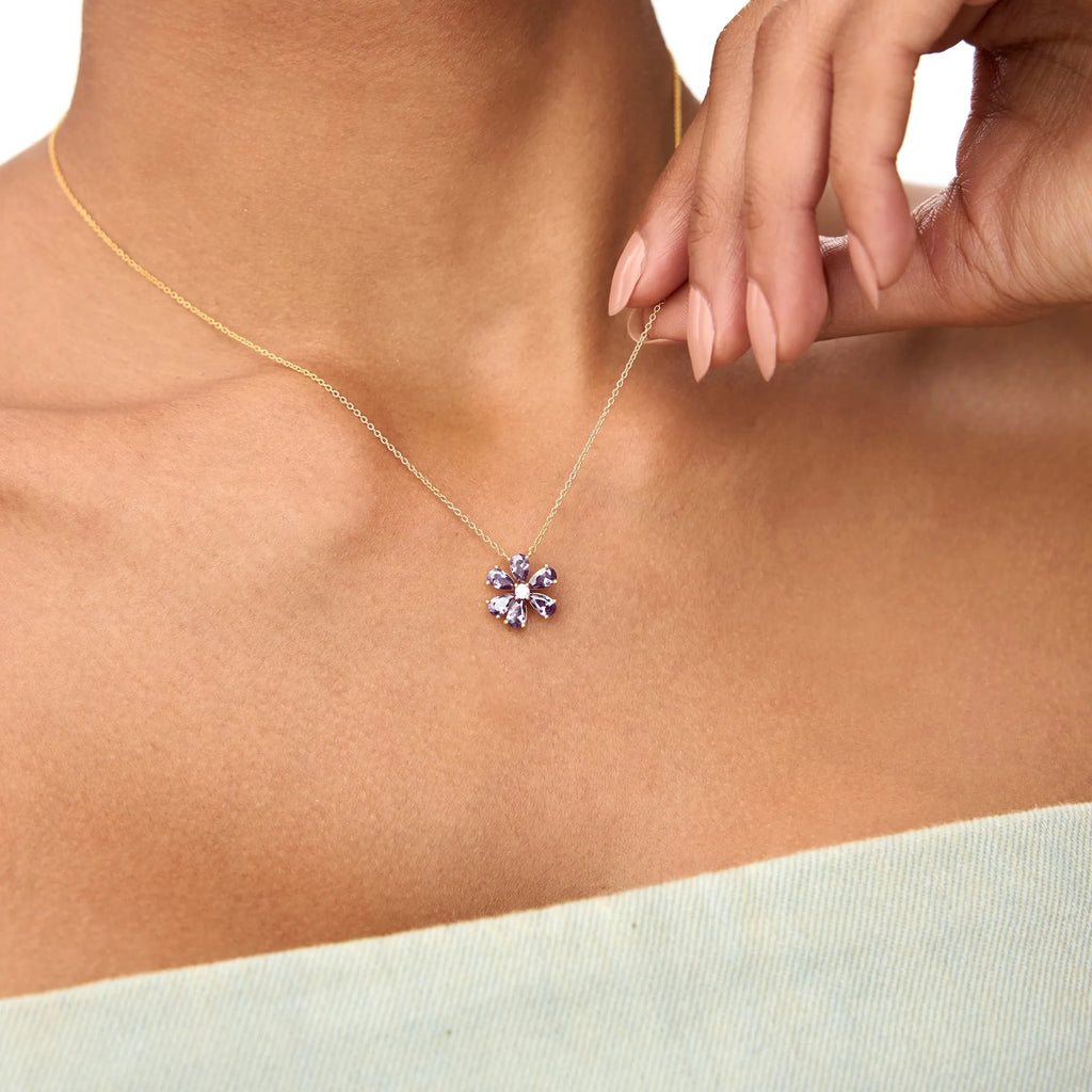14k Solid Gold Amethyst and Diamond Pear and Round Flower Necklace 1.35 Carat