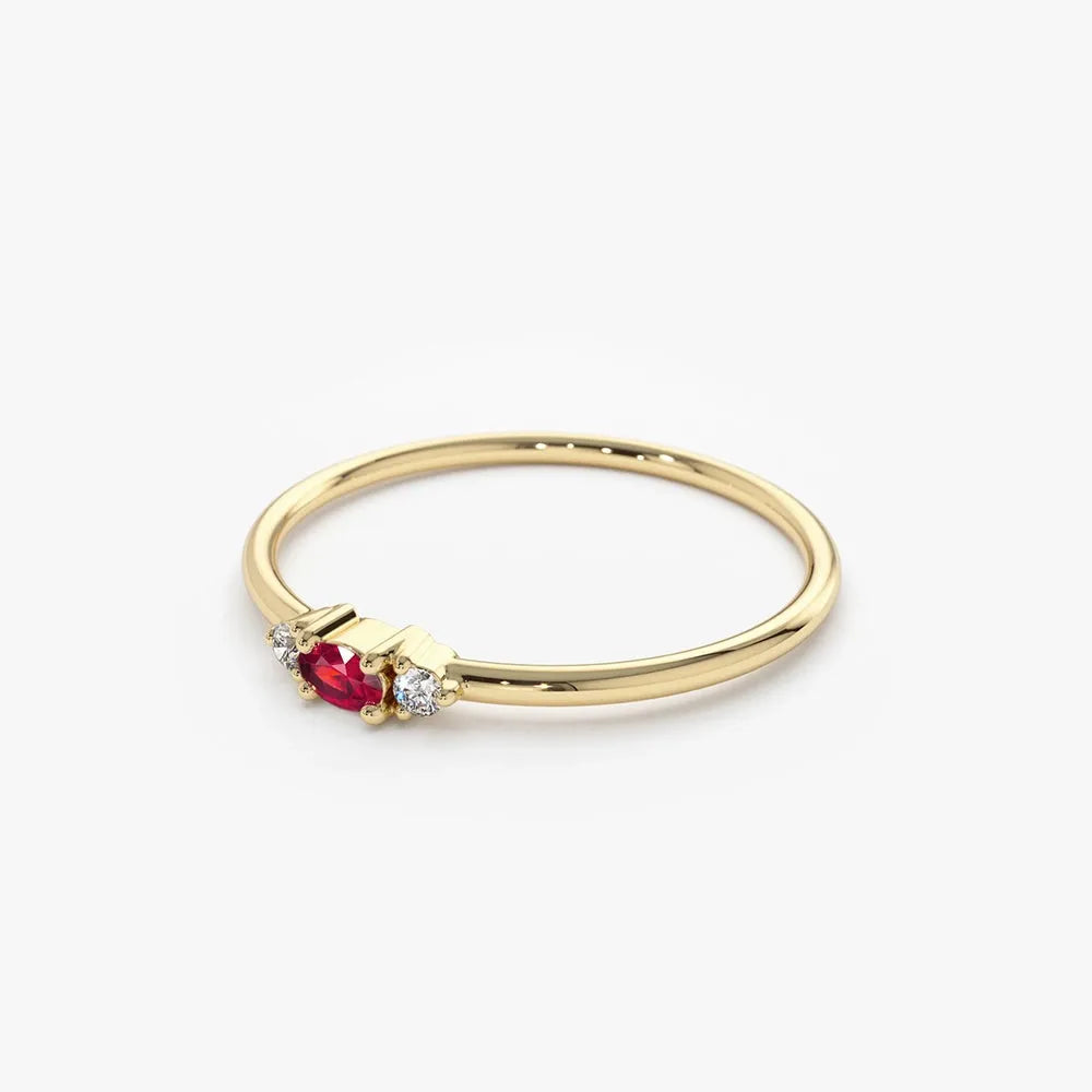 14k Gold Ruby and Diamond Oval and Round Cut Mini Three Stone Ring Prong Setting 0.14 ctw