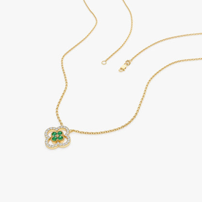 14k Solid Gold Round Emerald 0.10 CTW and Diamond 0.10 CTW Clover Halo Pendant Necklace