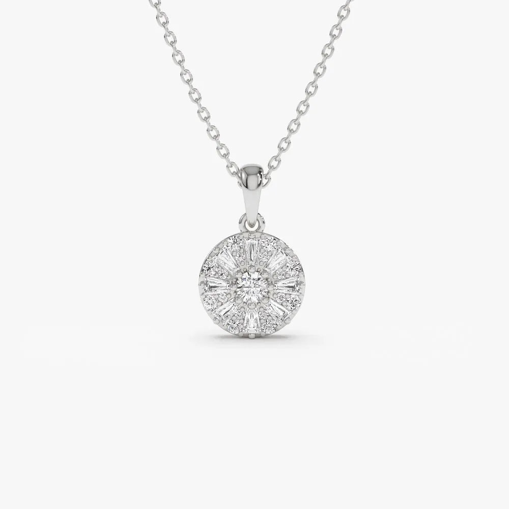 14K Solid Gold Baguette and Round Diamond Cluster Pendant Necklace 0.32ctw
