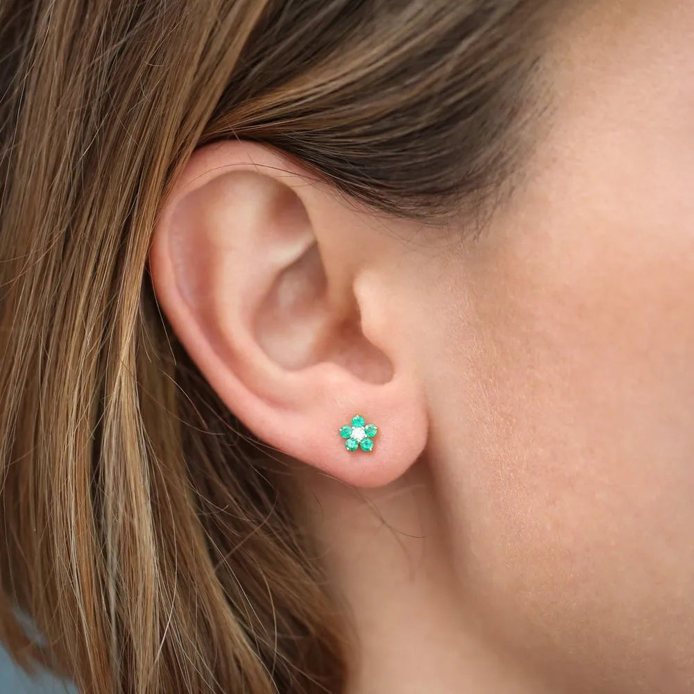 14K Solid Gold Round Emerald and Diamond Flower Stud Earrings 0.32ctw