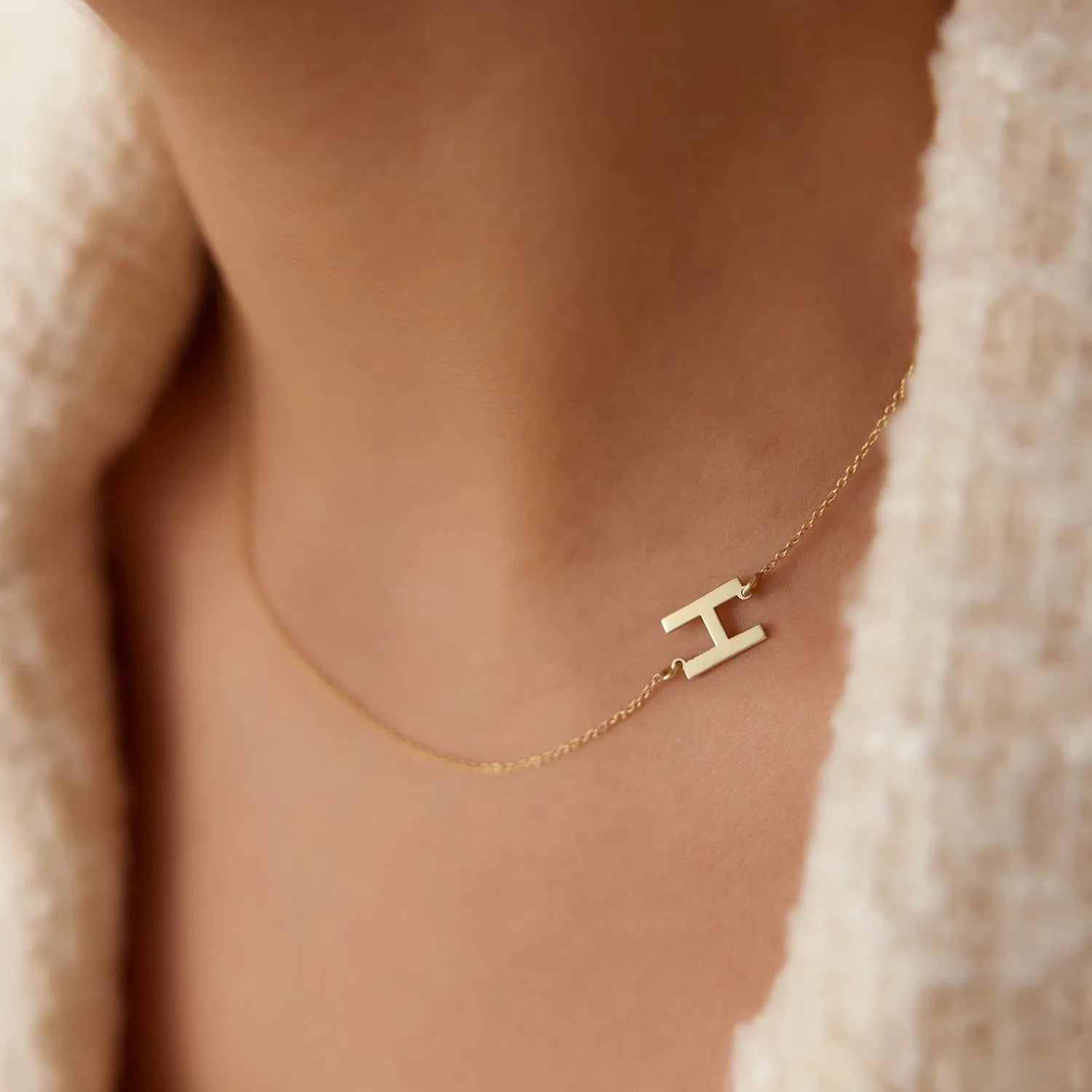 14k Solid Gold Sideways Off-Center Initial Letter Pendant Necklace Personalized