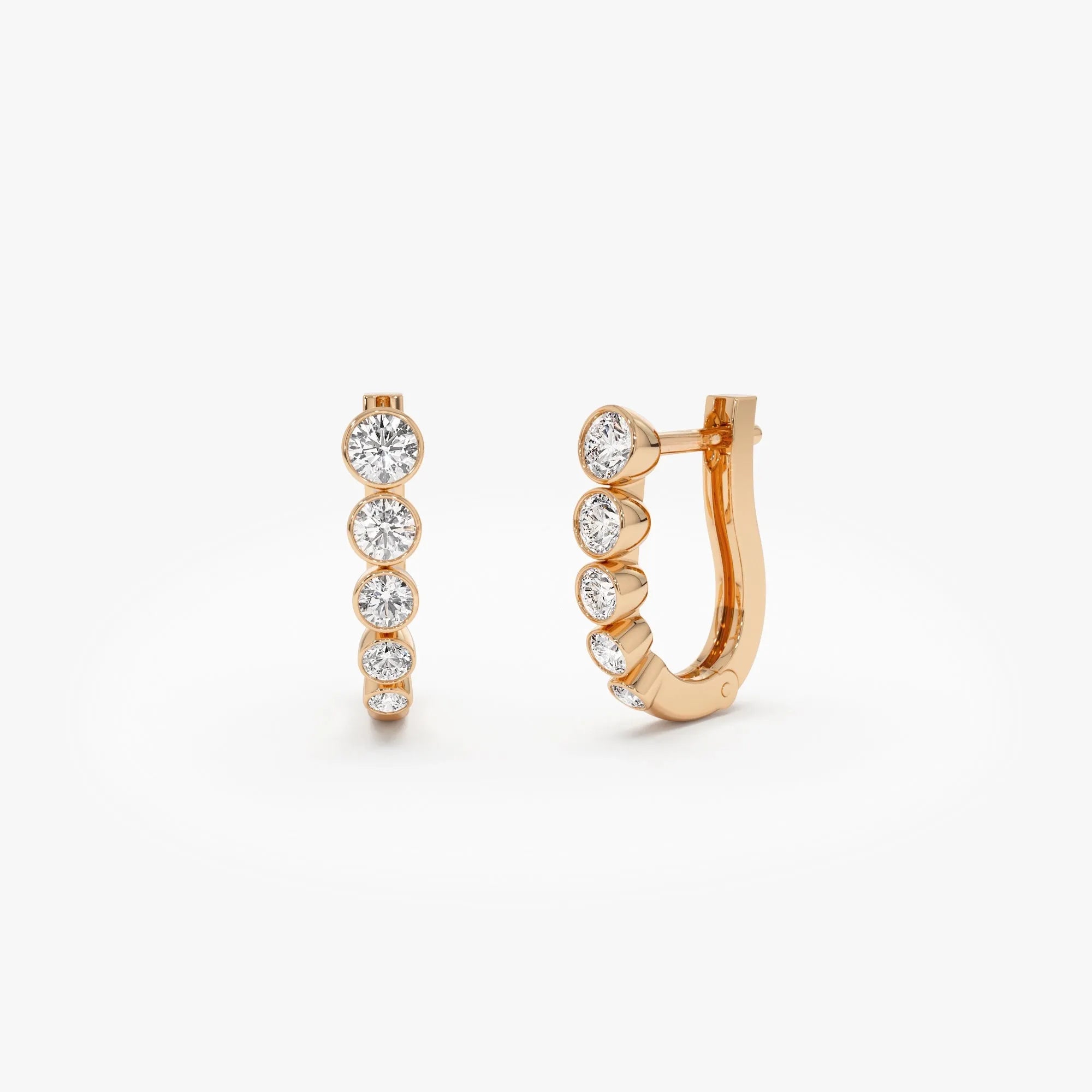 14k Gold Diamond Round Cut Graduated Bezel Set Hoop Earrings 0.25 ctw