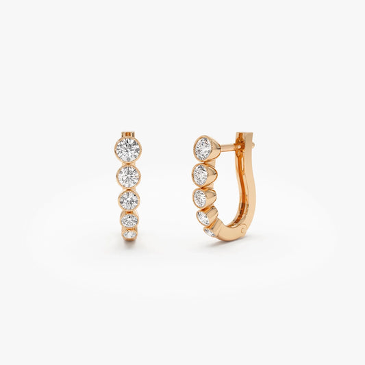 14k Gold Diamond Round Cut Graduated Bezel Set Hoop Earrings 0.25 ctw