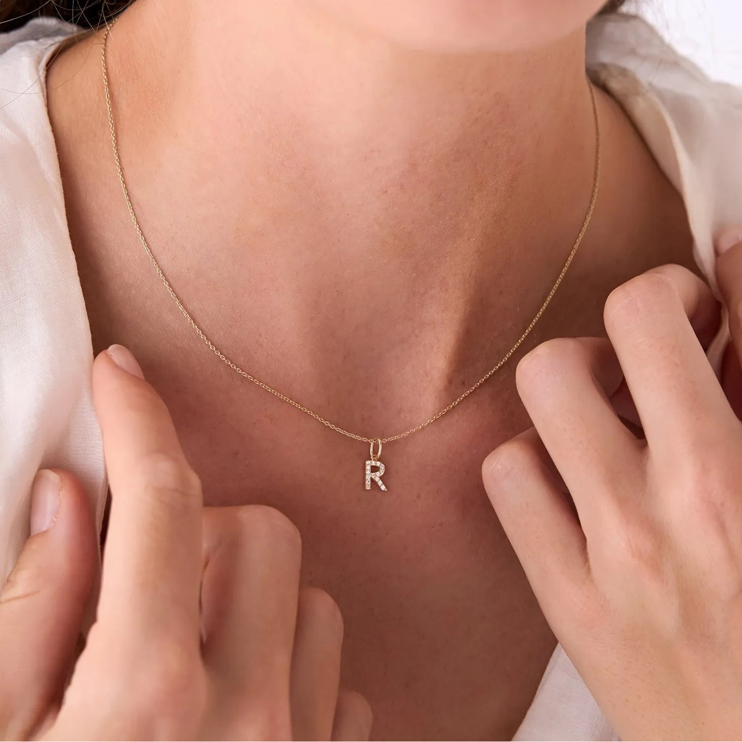 14K Solid Gold Round Diamond Micro Pave Initial Letter Pendant Necklace 0.15ctw