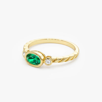 14K Gold Oval Emerald Round Diamond Three Stone Ring 0.57 CTW Custom Jewelry