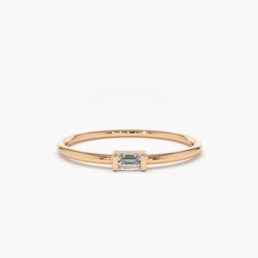 14K Solid Gold Baguette Diamond Solitaire Stacking Ring 0.06ctw
