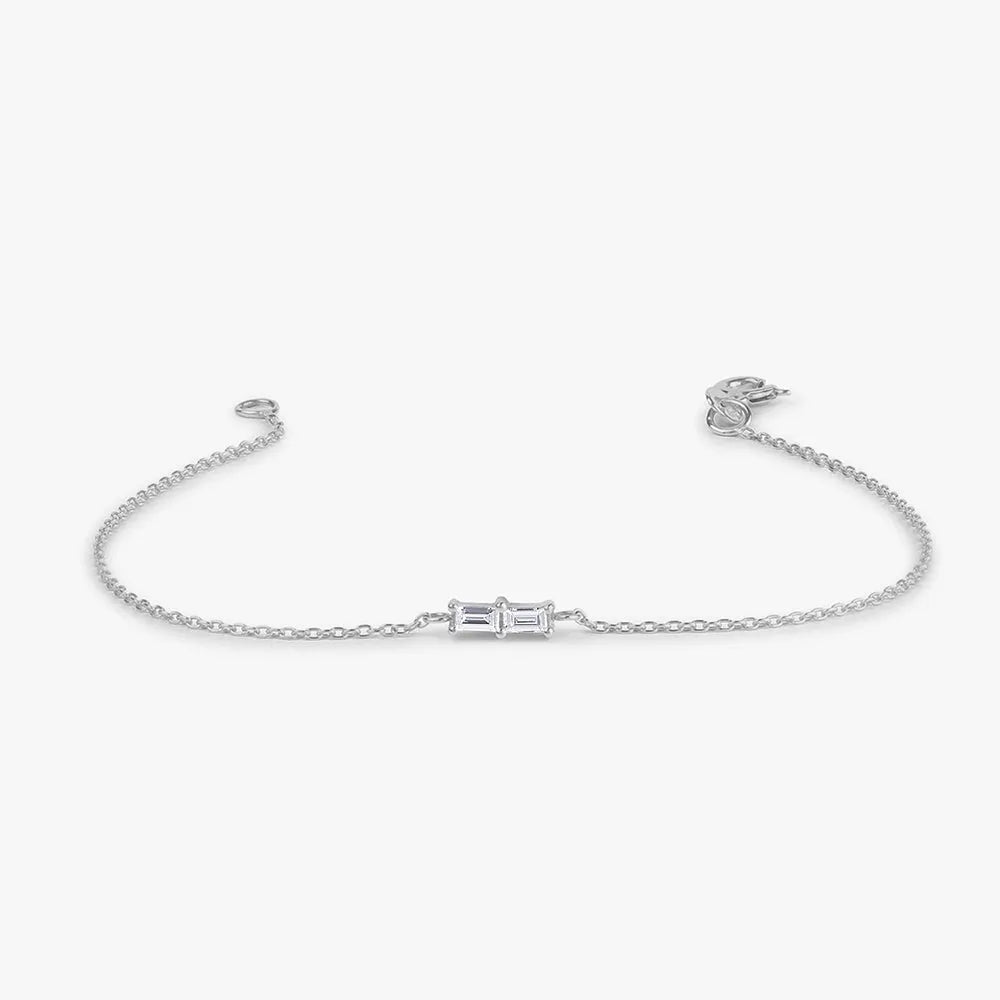 14K Solid Gold Baguette Diamond Double Stone Chain Bracelet Prong Setting 0.12 Carat