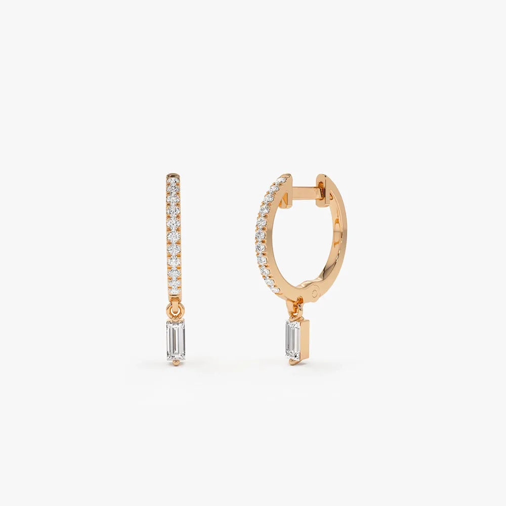 14k Gold Diamond Baguette and Round Cut Dangling Huggie Earrings Prong Micro Pave 0.27 ctw