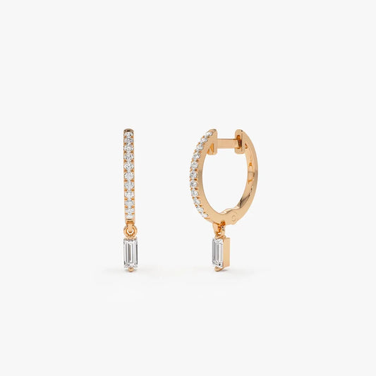 14k Gold Diamond Baguette and Round Cut Dangling Huggie Earrings Prong Micro Pave 0.27 ctw