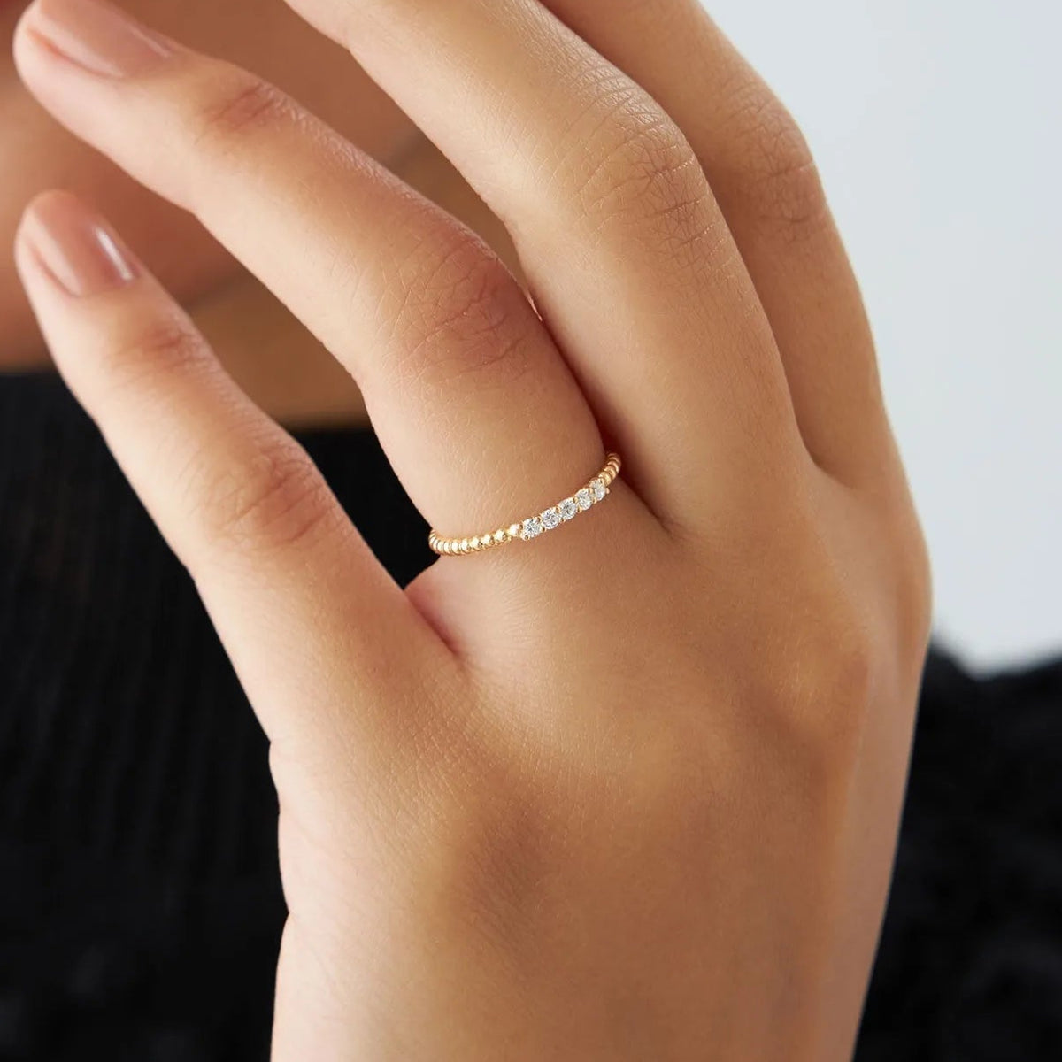 14K Solid Gold 0.10 ctw Natural Round Diamond Stacking Beaded Band