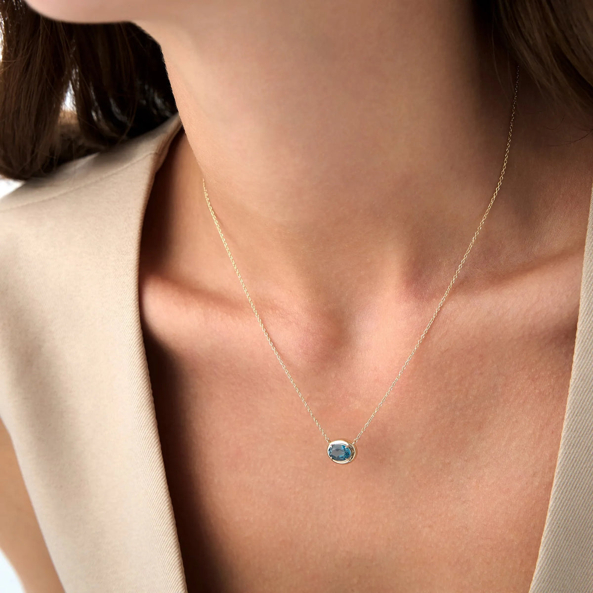 14k Solid Gold London Blue Topaz Oval Necklace 0.85 Carat Prong Setting
