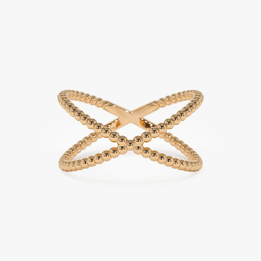 14k Solid Gold Beaded Band Criss Cross Statement Ring