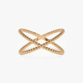 14k Solid Gold Beaded Band Criss Cross Statement Ring